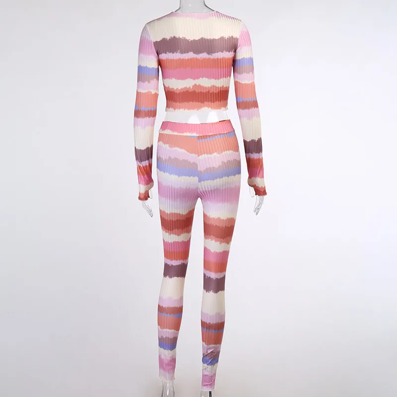 

Streetwear Striped Knitted Women's Set Crop Tops Legging Pants Suits Tracksuit Matching Two Piece Sets Fitness Outfit