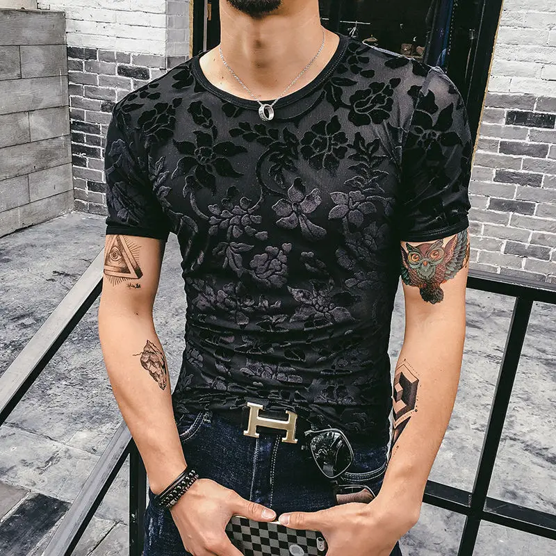 

Gym Clothing Men T-shirt Solid Vintage 3d Hollow Out Velvet Shirt Man Fitness Short Sleeve Mesh Top Homme 2021 Fashion Tshirt