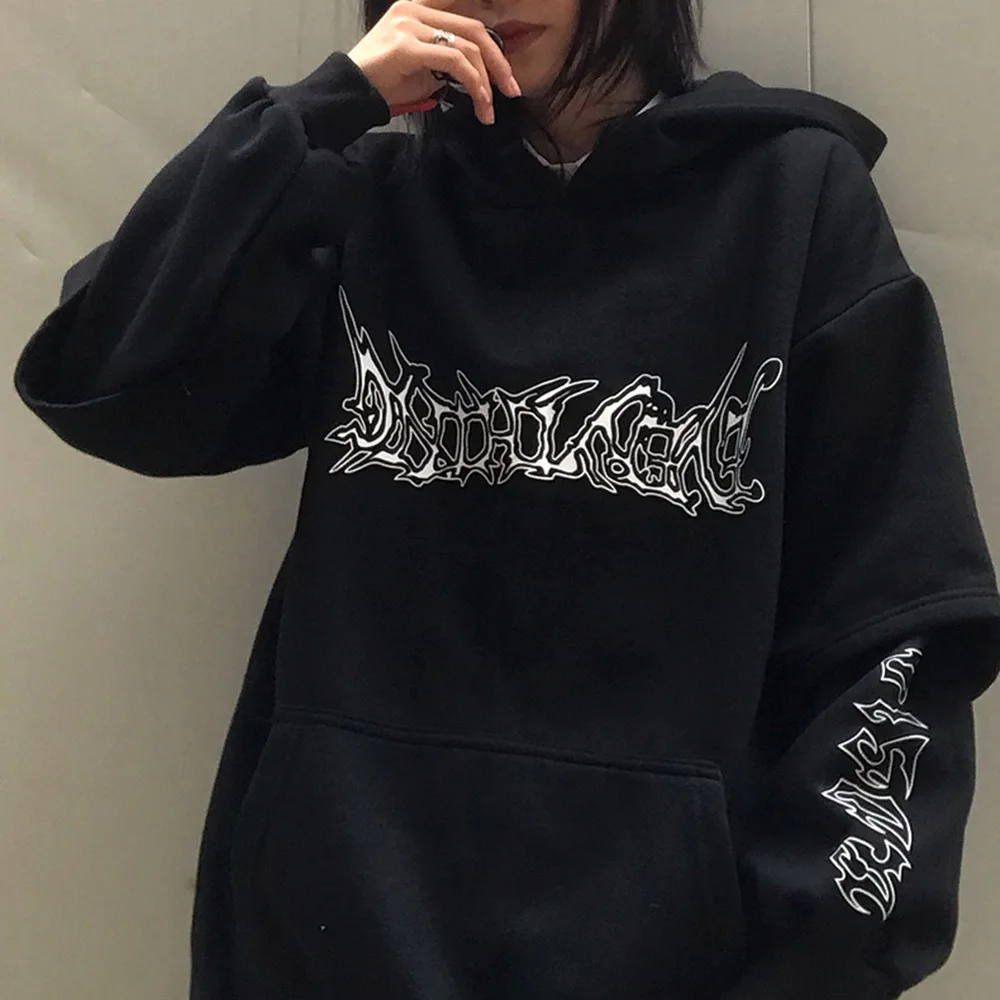 

Harajuku BF Style Women Hoodies Winter Thick Hooded Tops Letter Gothic Hoodies Pullovers Hip Hop Casual Sweatshirt Warm