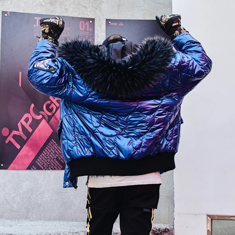 Мужская куртка с капюшоном и меховым воротником синяя в Корейском стиле новинка