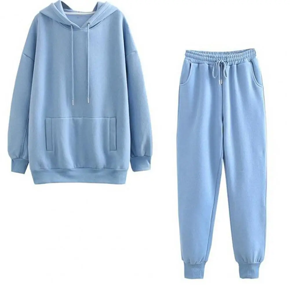 

Women Pant Sets Solid Color Hooded Drawstring Outfit Two Piece Long Sleeve Pockets Sweatshirt Elastic Waist Pants Set Streetwear