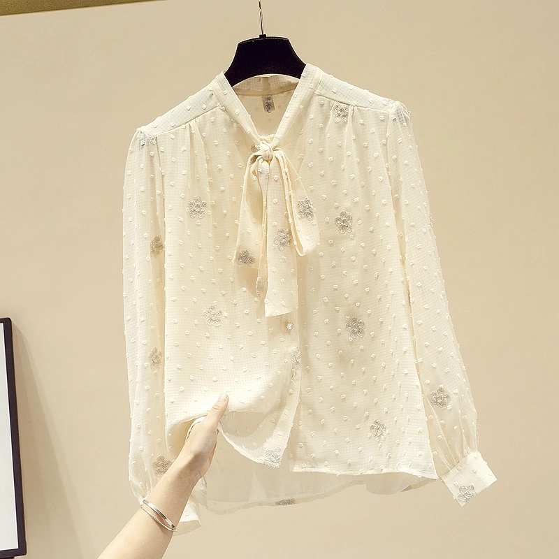

women bowknot chiffon blouse spring long sleeve embroidery apricot shirt 2021 new original design tops