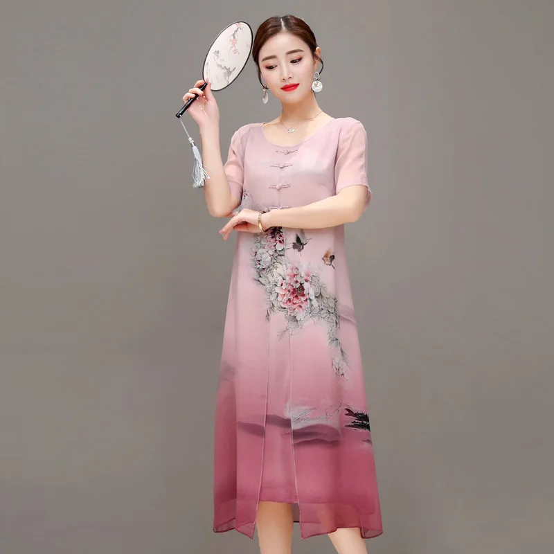 Женское платье с коротким рукавом и круглым вырезом цветочным принтом | Женская