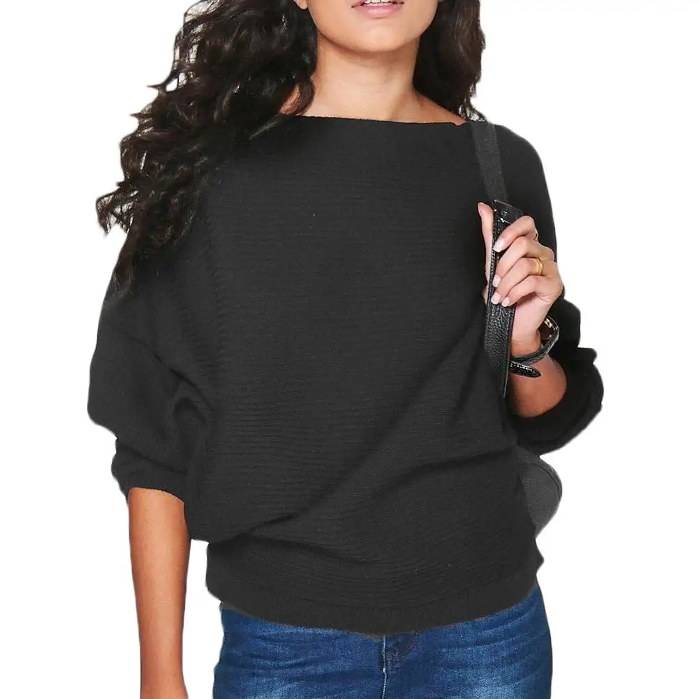 

Women Autumn Winter Slash Neck Pullovers Loose Bottoming Shirt Dolman Sleeve Blouse Knitted Fabric Solid Sweater Fashion Top