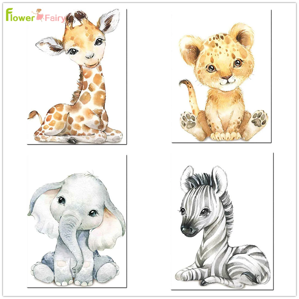 

Cartoon Animals Elephant Deer Wall Art Canvas Painting Baby Nursery Nordic Poster Wall Pictures For Living Kids Room Unframed