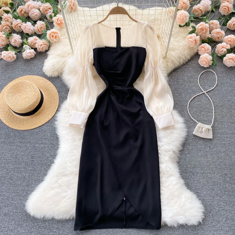 

Vintage Black Patchwork Bodycon Midi Dress Women Autumn Elegant Square Collar Puff Sleeve Female Party Vestidos Irregular Robe