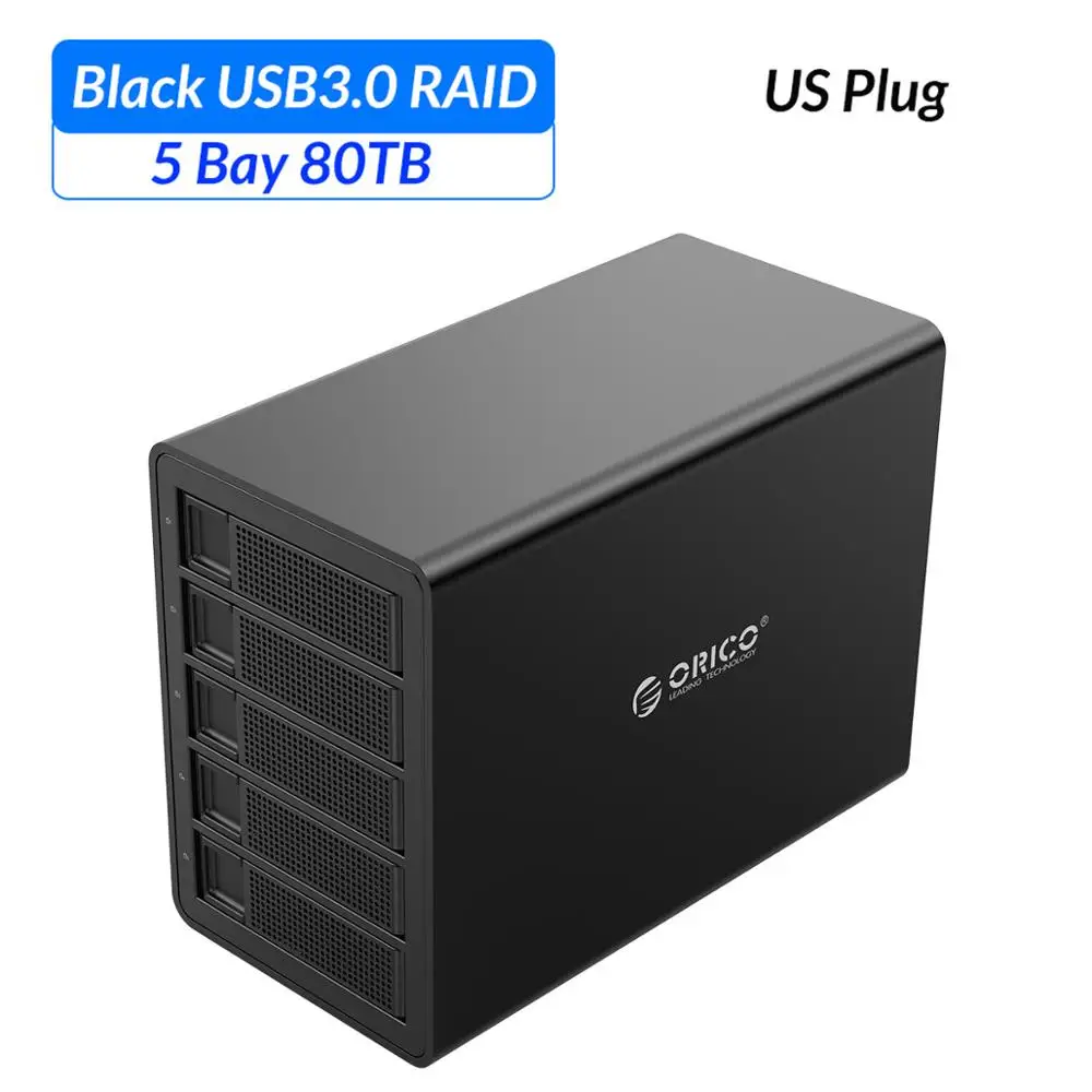 Док-станция ORICO 3,5 ''5 bay для жесткого диска USB3.0 to SATA с RAID алюминиевым корпусом для жесткого диска двойной чип 80 ТБ емкость чехол для жесткого диска - Цвет: Black US Plug