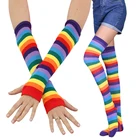 Модные женские гетры-чулки + теплые перчатки без пальцев, теплые хлопковые женские чулки в полоску с радужным принтом