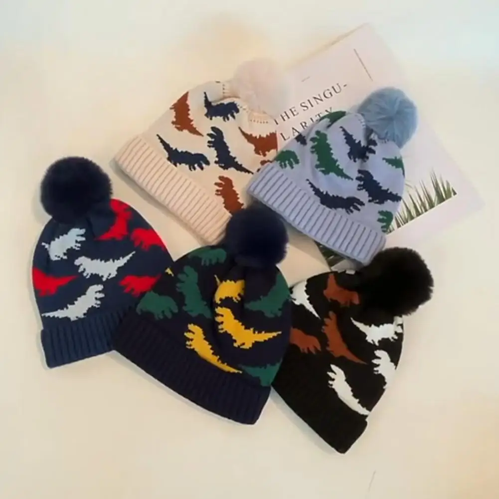 

Cute Cartoon Dinosaur Pattern Plush Ball Infant Beanie Hat Autumn Winter Kids Hat Dinosaur Pattern for Festival