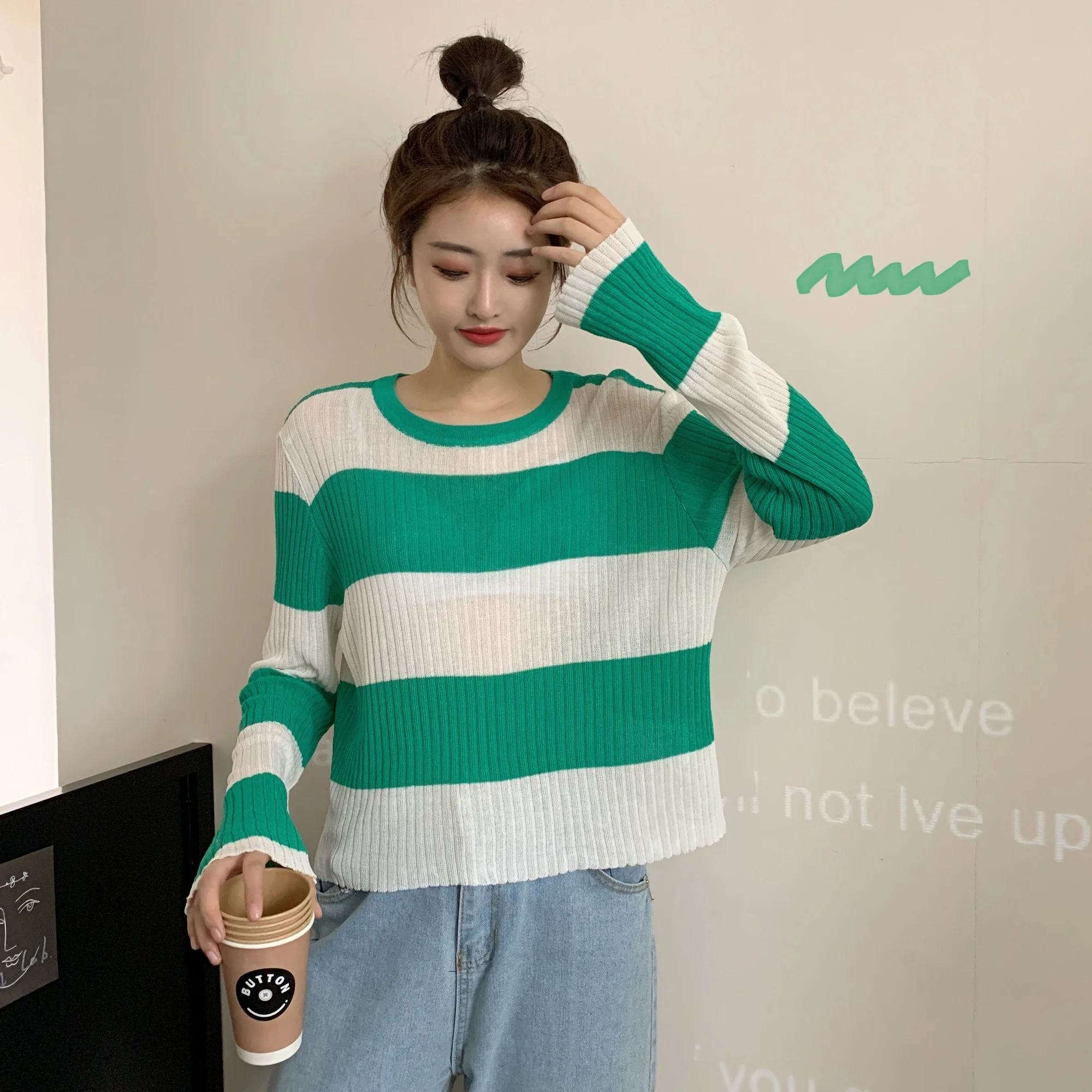 Black White Striped Contrast Color Knitted Long-Sleeved T-shirt for Women Early Autumn Thin Sweet Spicy College Style Rac | Женская