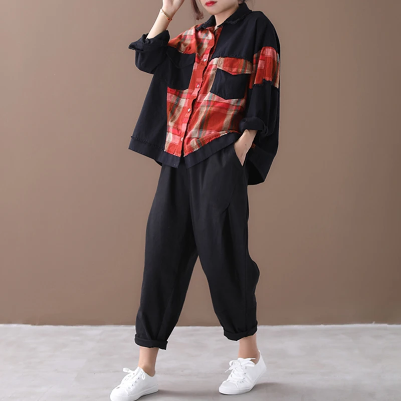 CHICEVER/винтажная клетчатая хит цвета женская рубашка воротник с лацканами длинный