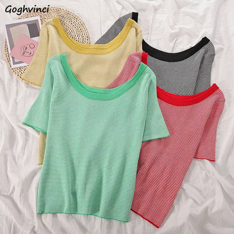 

Женские футболки с коротким рукавом карамельных цветов приталенные вязаные топы Полосатый пуловер для студентов в Корейском стиле Универс...