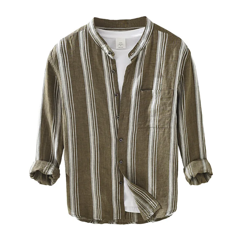 

Men Spring Summer Korea Fashion Thin Yarn-Dyed High Quality Breathable Healthy Natural Linen Long Sleeve Shirt Retro Striped Top