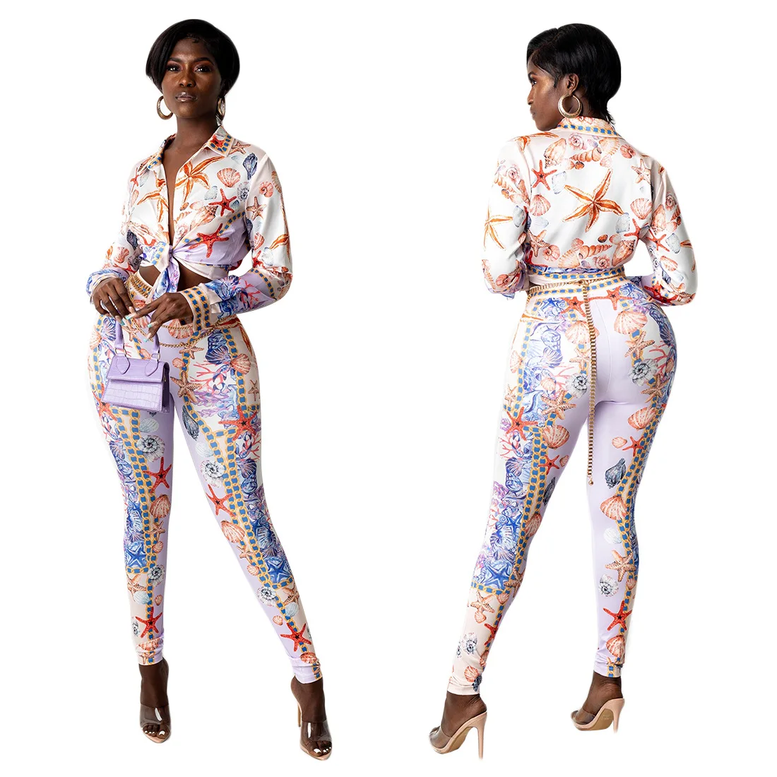 Женский комплект из двух предметов рубашка с длинным рукавом и отложным