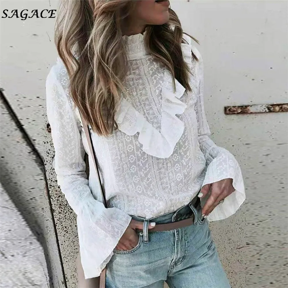 Женские рубашки Sagace однотонные топы с воротником-стойкой и вышивкой блузка