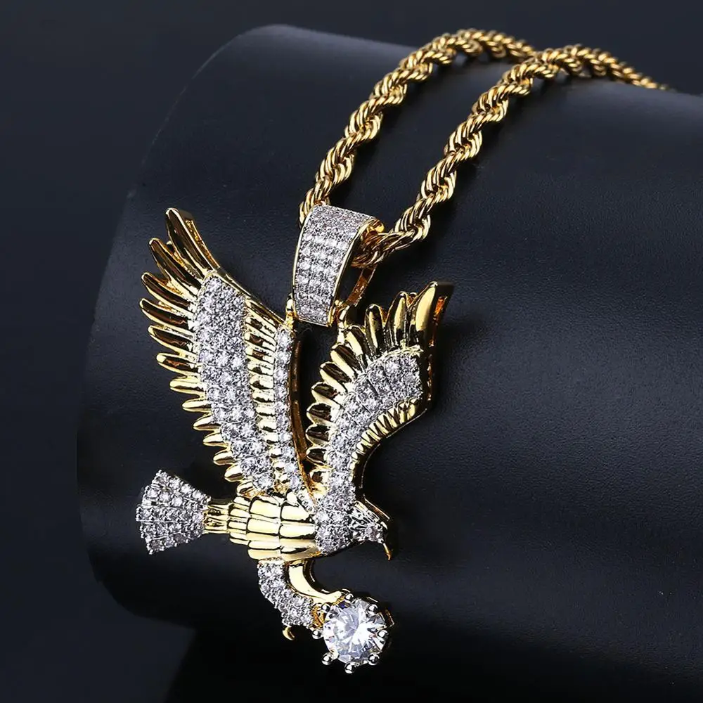 

High Quality Eagle Pendant Necklace Men Gold Color Charm pendant Necklaces Punk Zircon Rapper Fashion Hip Hop Jewelry Gifts