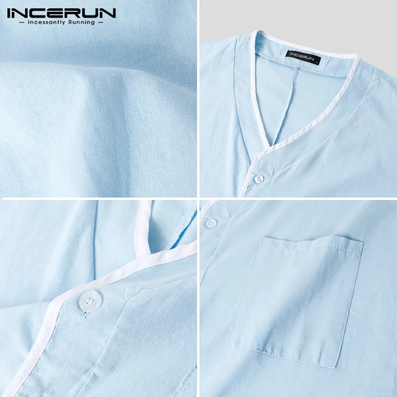 

INCERUN Men's Sleep Robes Short Sleeve V Neck Breathable Cozy Leisure Homewear Fashion Nightgown Men Clothes Bathrobes Plus Size