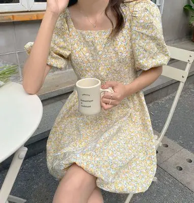 

Floral Vintage Element Dress Knee-Length Square Collar Puff Sleeve Bow Ladylike Yellow 510330