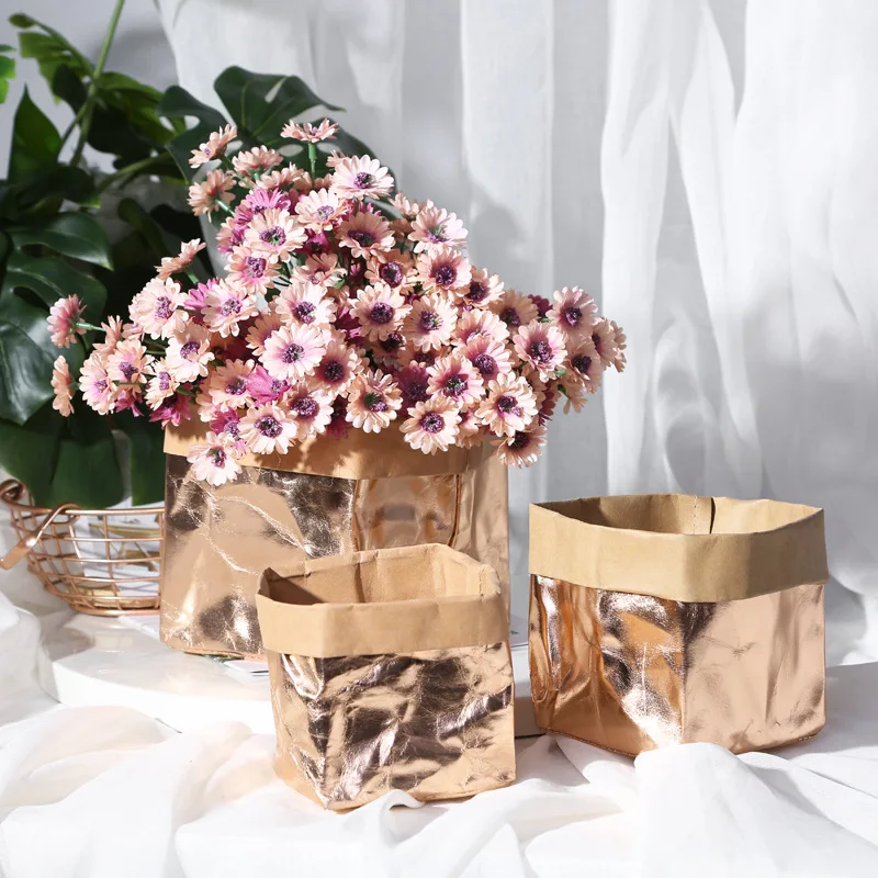 Golden Kraft Paper Bag Nordic Firm Receiving Decoration Flower Pot Sundries Cosmetic Brush Multi function Storage Bags|Бутылки банки и