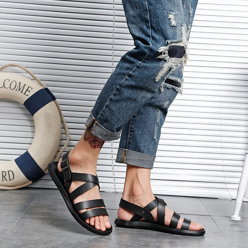 Мужские сандалии на плоской подошве дизайнерские пляжные с открытым носком и