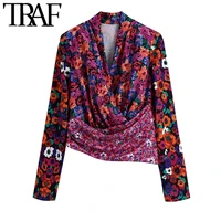 traf women fashion floral print pleated asymmetric blouses vintage long sleeve side zipper female shirts chic tops