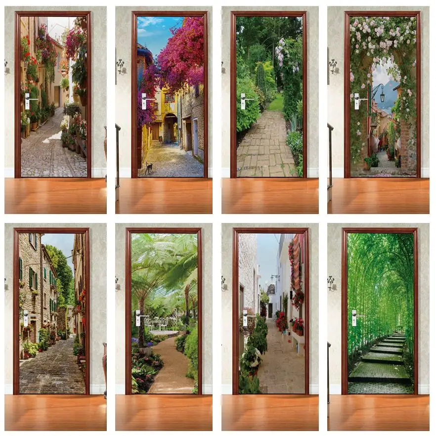 

3D Street Scenery Door Sticker Porch Bedroom Decoration Wallpaper Wall Sticker Adhesive Removable Door Cover Decals Home Decor