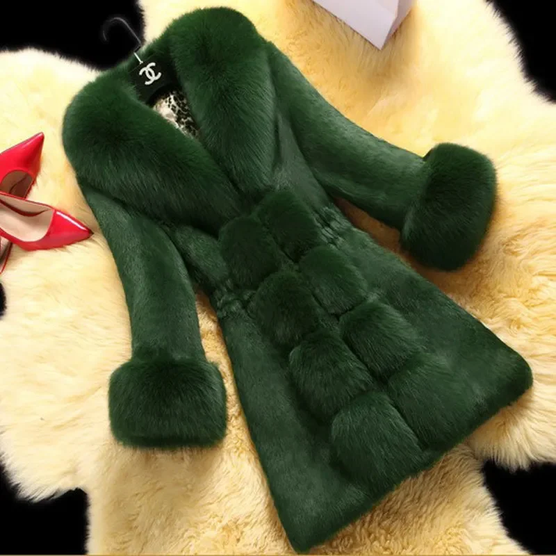 Long Coat Faux Fur Women Collar Clothing Trendy High Quality Imitation Rabbit Fur Overcoat Black Winter Cotton Fluffy Cloths images - 6