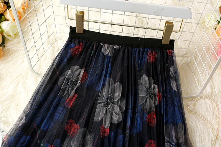 

New Mesh Skirt Summer Women's Elegant Vintage Print Feather Pleated Skirt High Waist Jupe Long Skirts Elastic Waist Thin Skirts