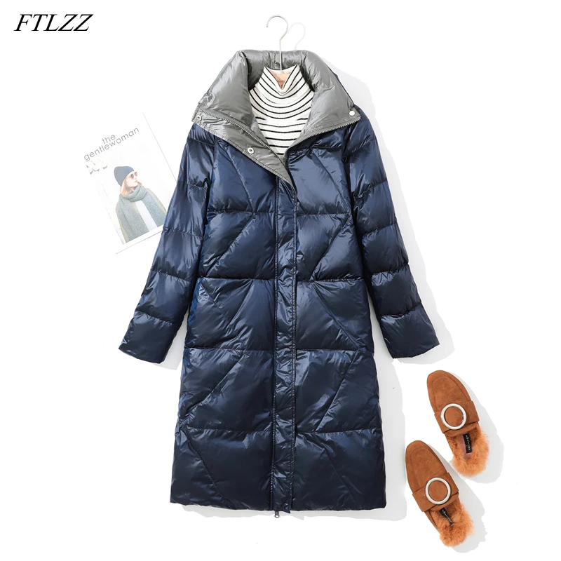 

FTLZZ Winter Double Side Light Feather Long Jacket Woman 90% White Duck Down Coat Stand Collar Puffer Outwear Warm Puffer Parker