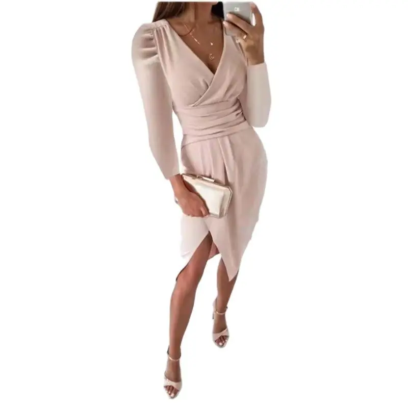 

2021 New Fashion Women Solid Color Spring Autumn Dress Sexy V-neck Tight Dress Fold Ol Clothes Drop Shipping