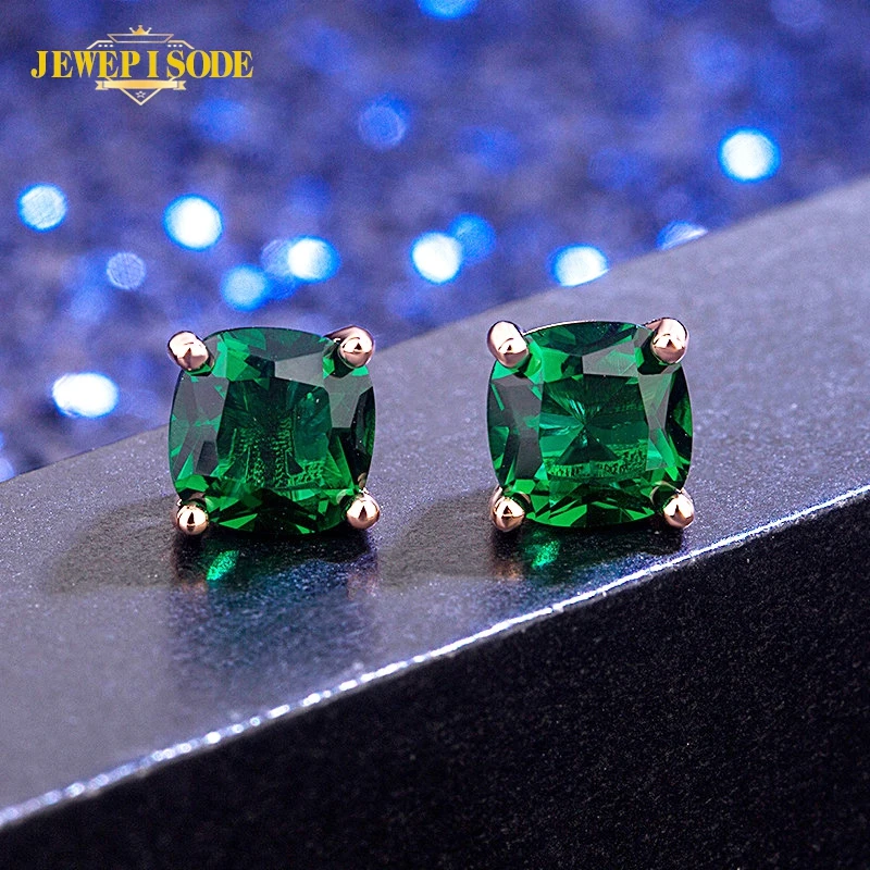 

Jewepisode 14K Rose Gold Color 7x7MM Emerald Gemstone Earrings for Women Solid 925 Sterling Silver Stud Earrings wholesale gift