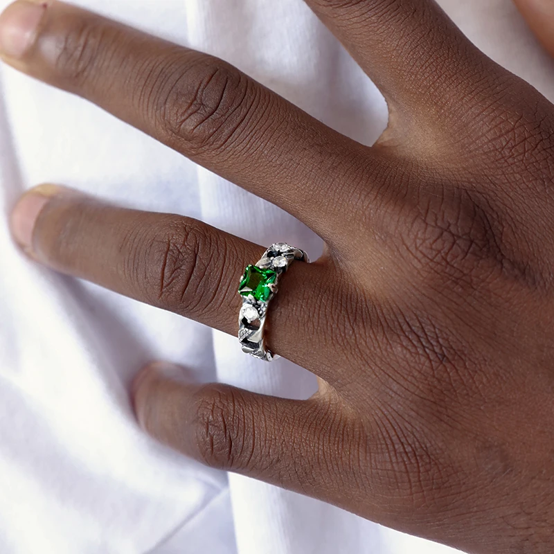 

S925 Cuban Ling Ring GRGR Fashion Brand Sterling Silver Cuban Link Chain Green Stone Ring Male Hip Hop Female Ring