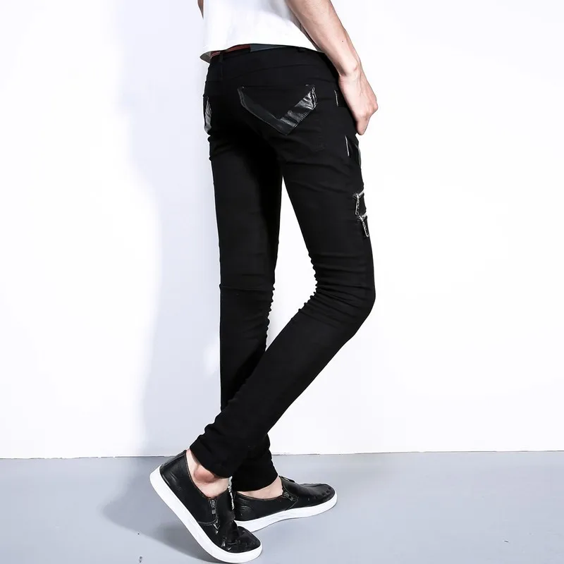Индивидуальные мужские брюки в стиле панк Модные узкие на молнии длинные кожаные