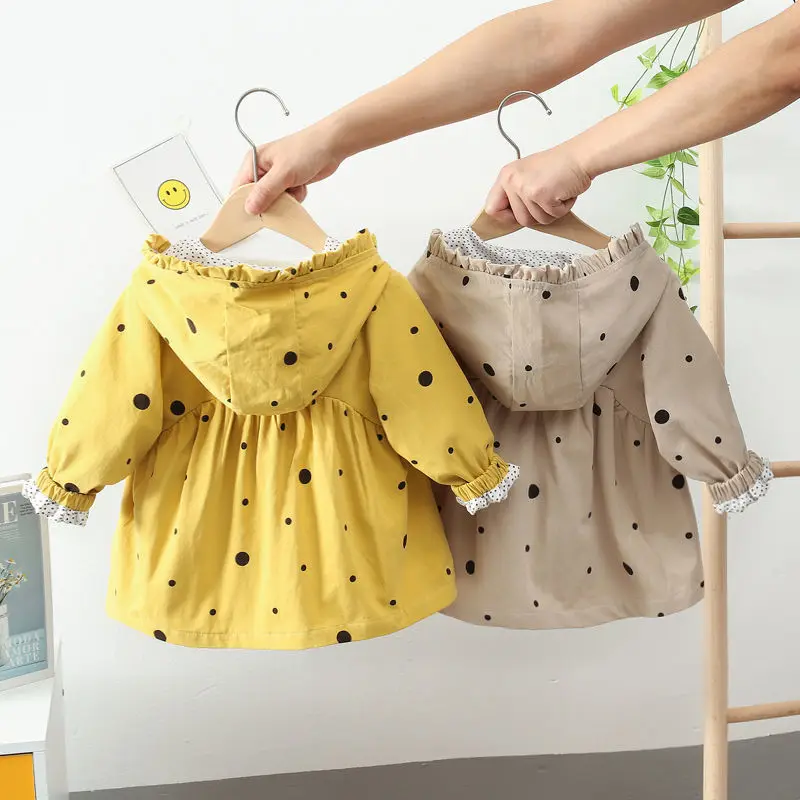 

2021 New Spring Autumn Fashion Womens Coat Pure Cotton Polka Dot Buttons Korean Mid-Length Childrens Windbreaker Top