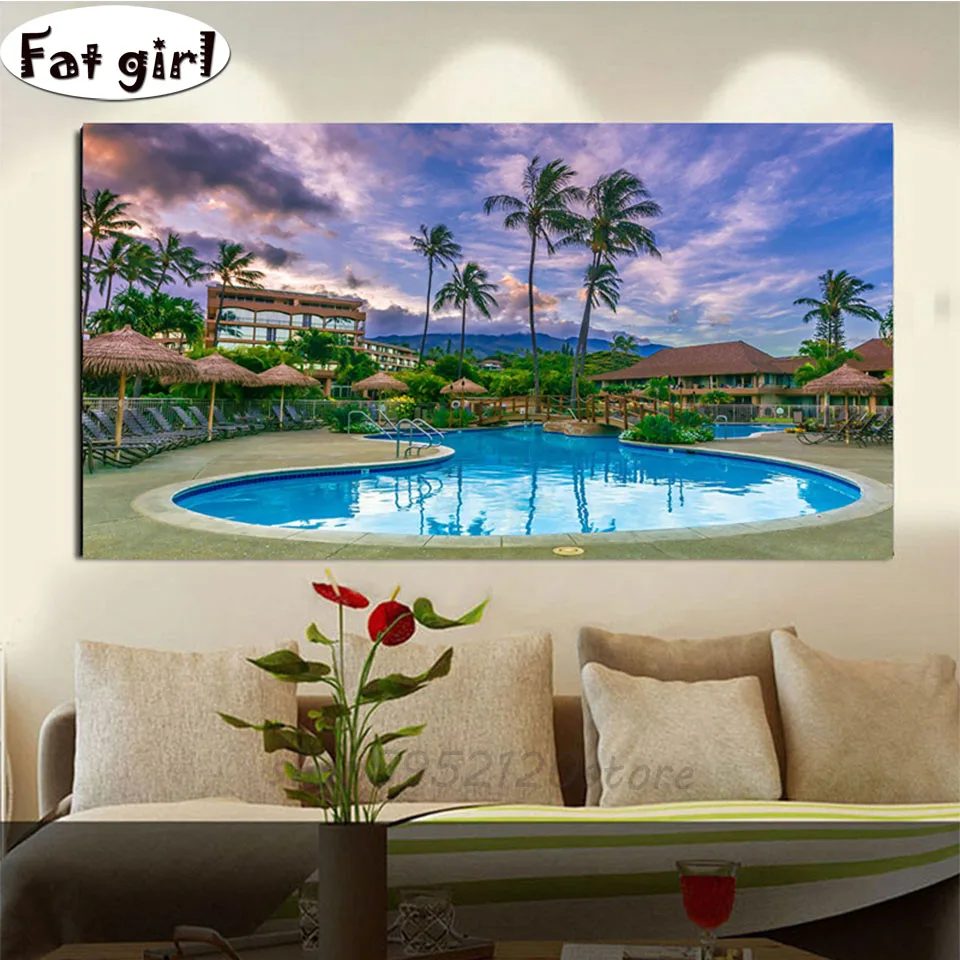 

5d Diamond Painting Natural scenery Resort House Maui embroidery mosaic Hawaii Pool Palm wall decor diy cross stitch handmade