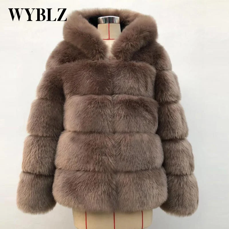 WYBLZ New Winter Thick Warm Faux Fur Jacket Women Fashion Plus Size Hooded Faux Fur Coat Long Sleeve Luxury Fur Midi Outwear