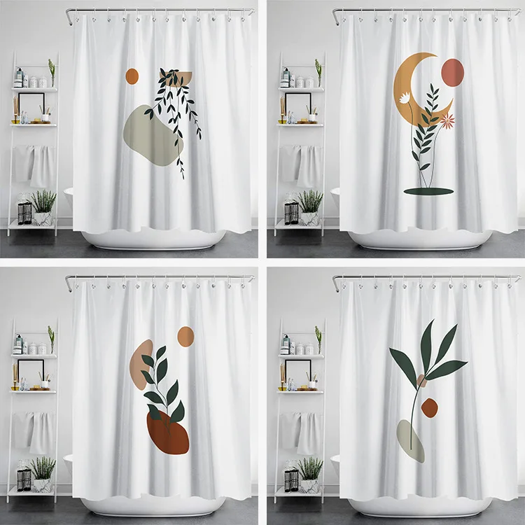 

Nordic Waterproof Mildew Proof Printing Shower Curtain Bathroom Curtain With Plastic Hook Decoration Simple Lines Bath Curtains