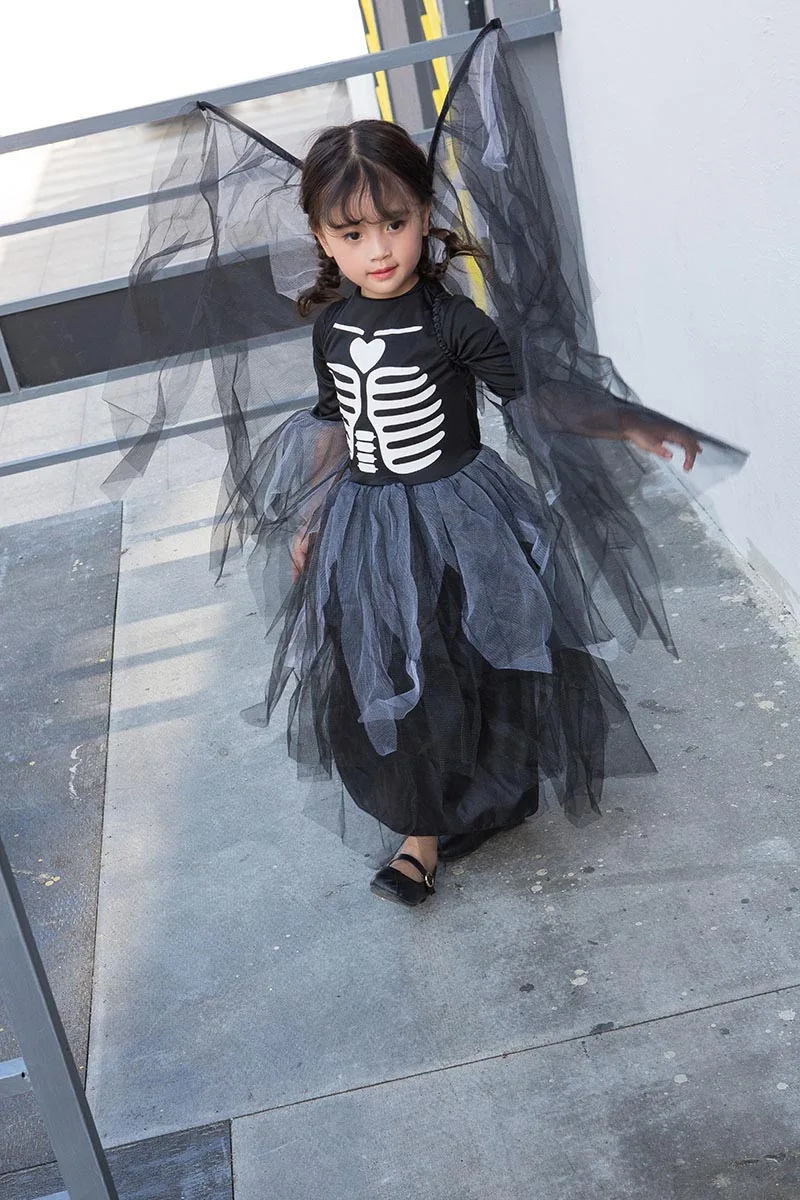 Хэллоуин ужас зомби Темный ангел костюм ребенок девочки кости скелета черепа