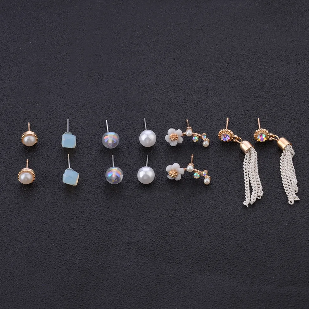 Женский комплект сережек-гвоздиков с жемчугом 6 пар набор золотых сережек