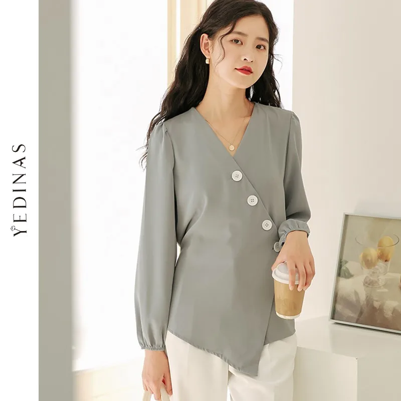 Yedinas корейский стиль Женские топы и блузки длинный рукав v образный вырез