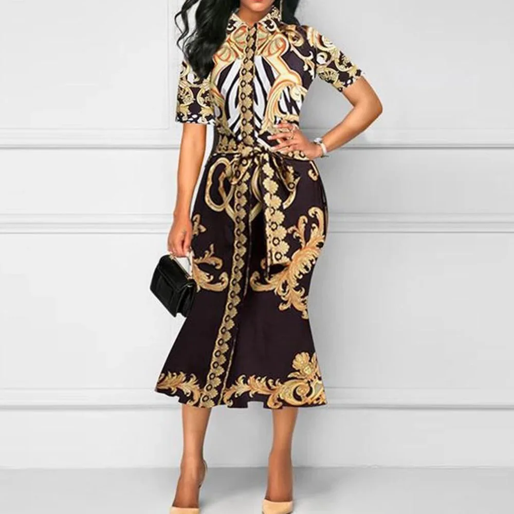 Винтаж Ретро Золотой печатных платье для женщин Bodycon Вечерние свободного покроя
