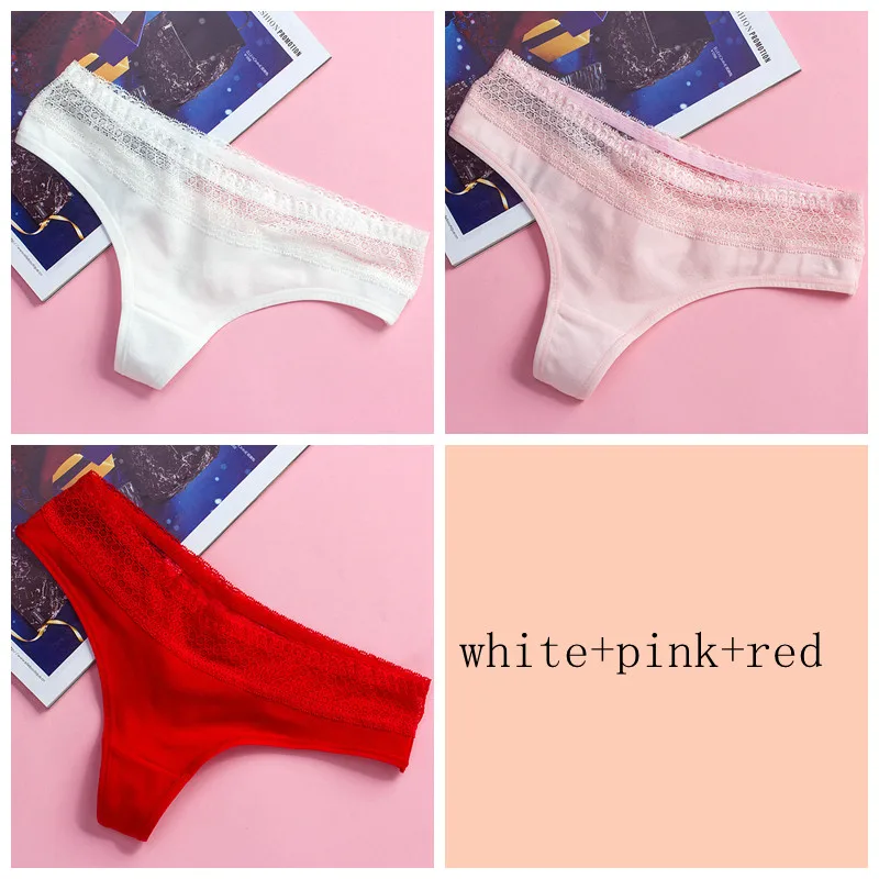 black red pink 3 шт./лот, женские хлопковые трусики, с вырезами, с кружевной талией, хлопок, g-стринги, щипцы, сексуальные танга, нижнее белье, дамское нижнее белье, штаны - Цвет: black red pink