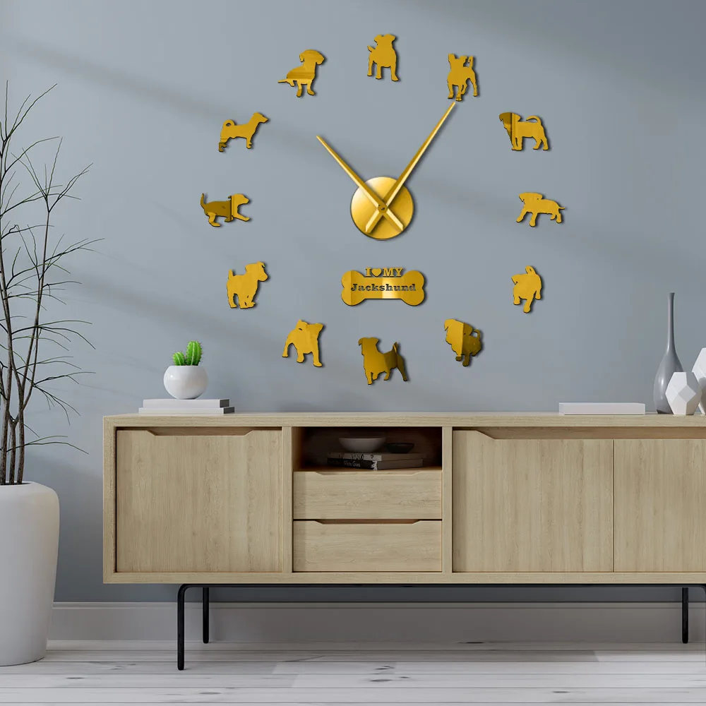 

Jack Russell Terrier Dachshund DIY Wall Clock Dog Lovers Home Decor Dog Breed Acrylic Silent Mirror Effect Long Hand Clock Watch
