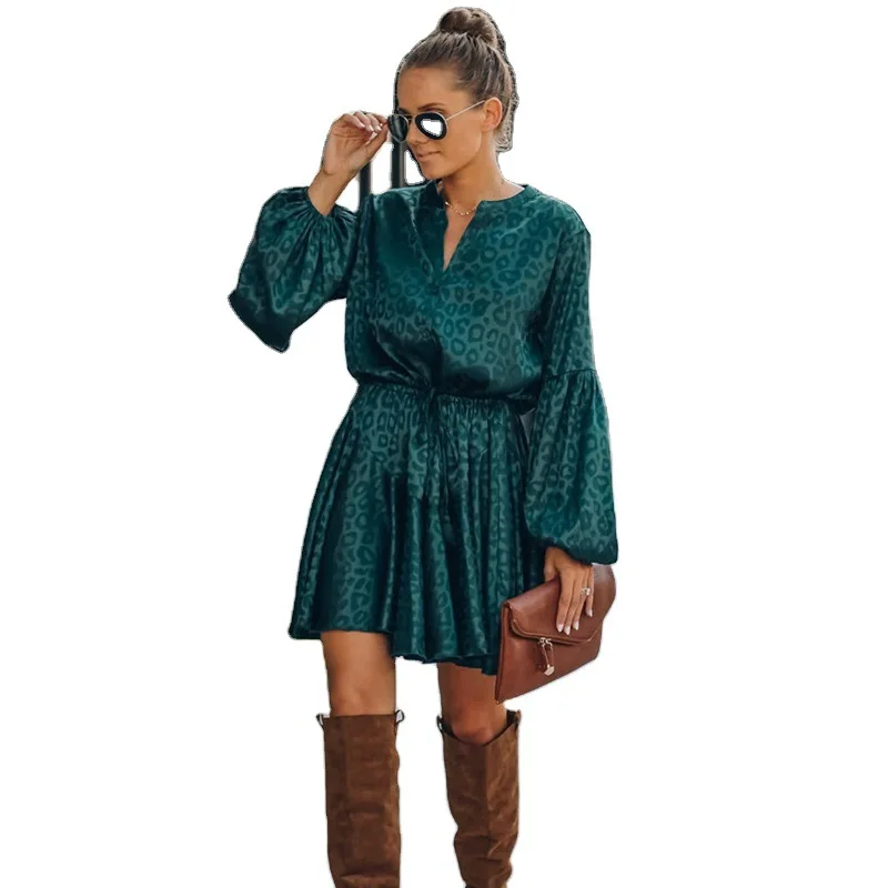 

Ruffle Fashion V-neck Casual Leopard Green Summer Women's Dress Princess Dress