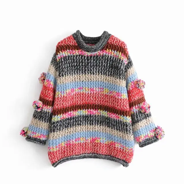 

Fall Knitted Sweater Women's Long-Sleeved Round Neck Colorful Striped Sweater Casual Commuter Pullovers Women's Wear
