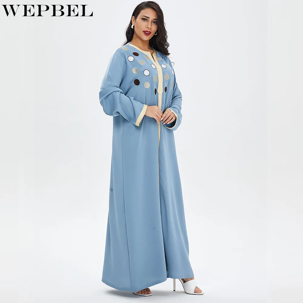 

WEPBEL Muslim Long Sleeve Robe Women's Casual Embroidery Polka Dot Loose Dress Spring and Autumn Fashion O-Neck Robe Dubai