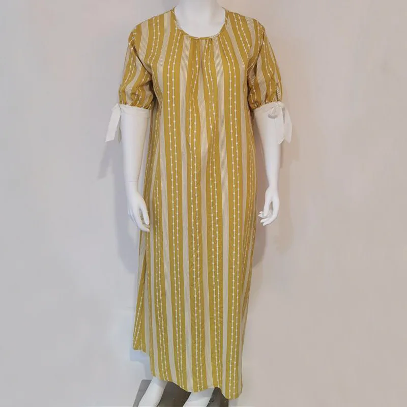 

WEPBEL Muslim Short Sleeve Robe Women's Casual Striped Loose Lace-up Dress Summer Fashion O-Neck Pleated Robe