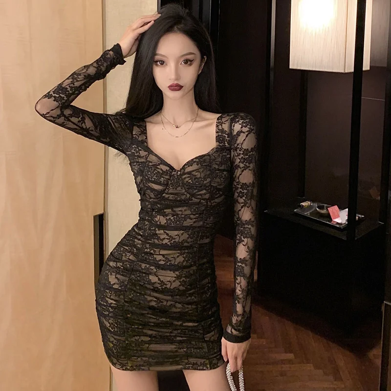 

Autumn Sexy Pure Collar Lace Long Sleeve Short Dress Slim Dress for WomenNuyoah