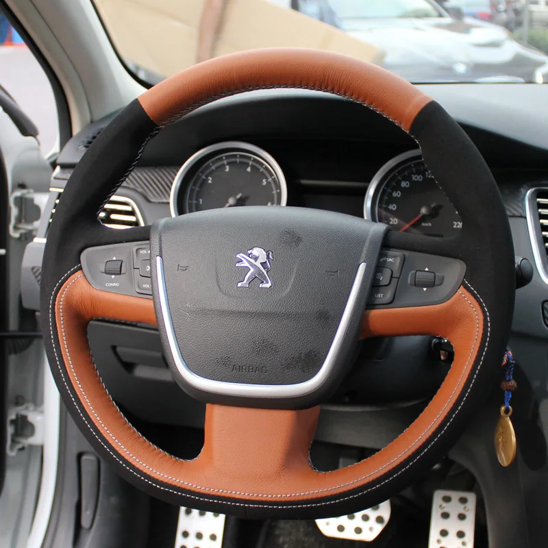 

For Peugeot 206 307 308 408 508 3008 DIY hand-stitched leather car steering wheel cover