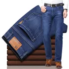 Новинка 2021, деловые повседневные Черные и синие облегающие Стрейчевые мужские теплые зимние джинсы, плотные джинсовые брюки, мужские брендовые флисовые брюки